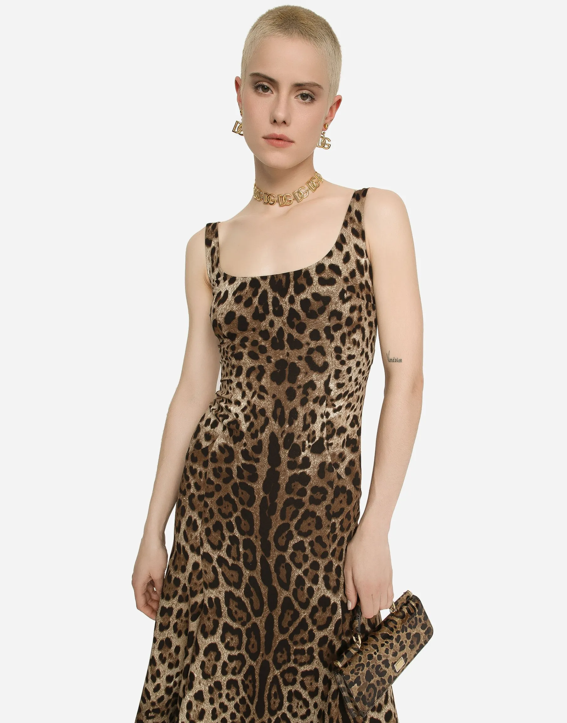 Leopard-print calf-length cady dress