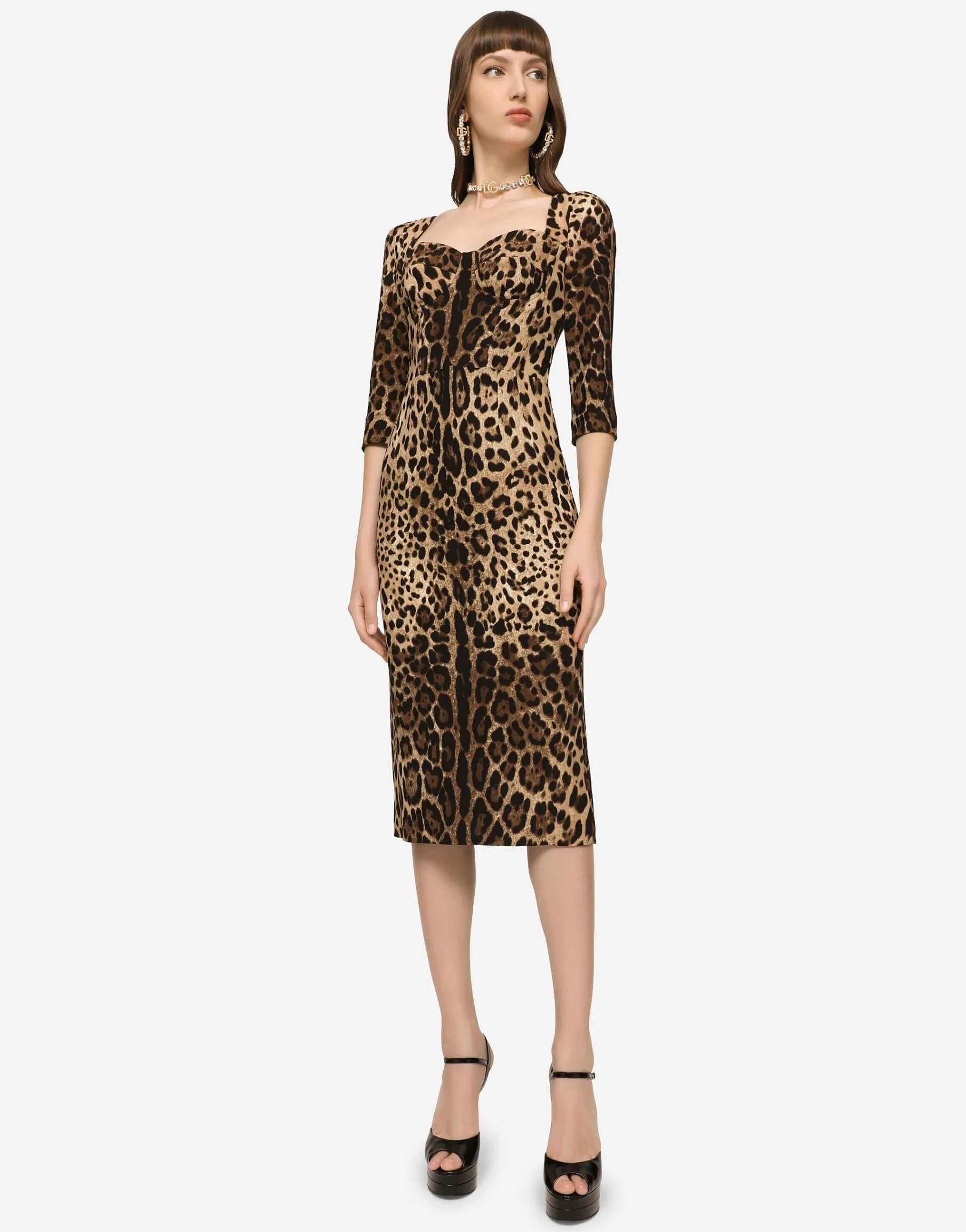 Leopard-print calf-length cady dress