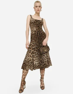 Leopard-print calf-length cady dress