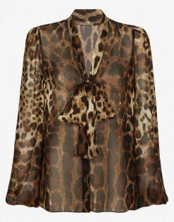 Leopard-print chiffon pussy-bow shirt