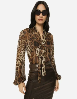 Leopard-print chiffon pussy-bow shirt