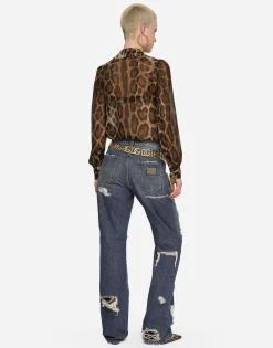 Leopard-print chiffon shirt with ruches