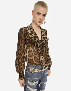 Leopard-print chiffon shirt with ruches