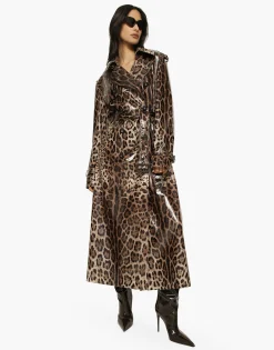Leopard-print coated sateen trench coat