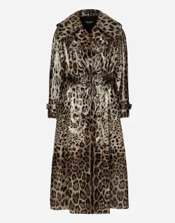 Leopard-print coated satin trench coat