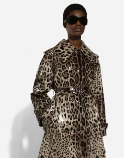 Leopard-print coated satin trench coat