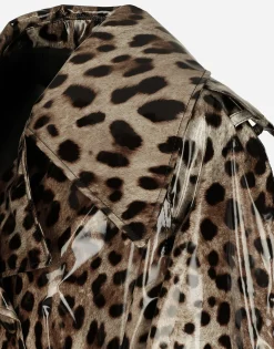 Leopard-print coated satin trench coat