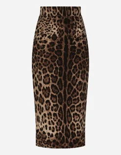 Leopard-print double crepe calf-length skirt
