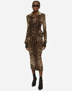 Leopard-print double crepe calf-length skirt