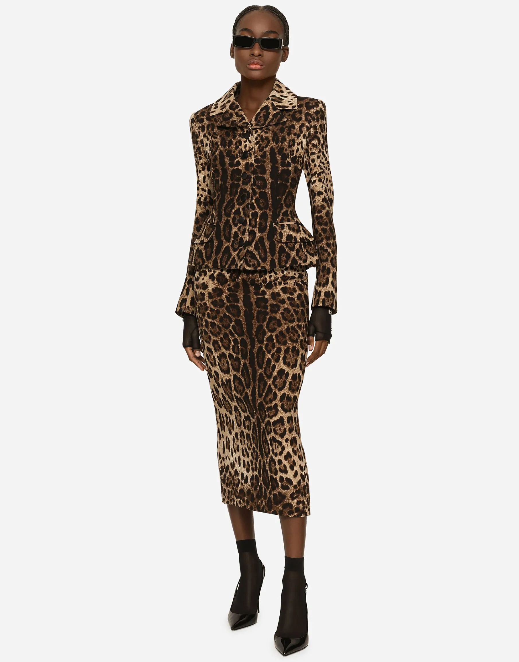 Leopard-print double crepe calf-length skirt