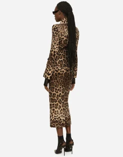 Leopard-print double crepe calf-length skirt