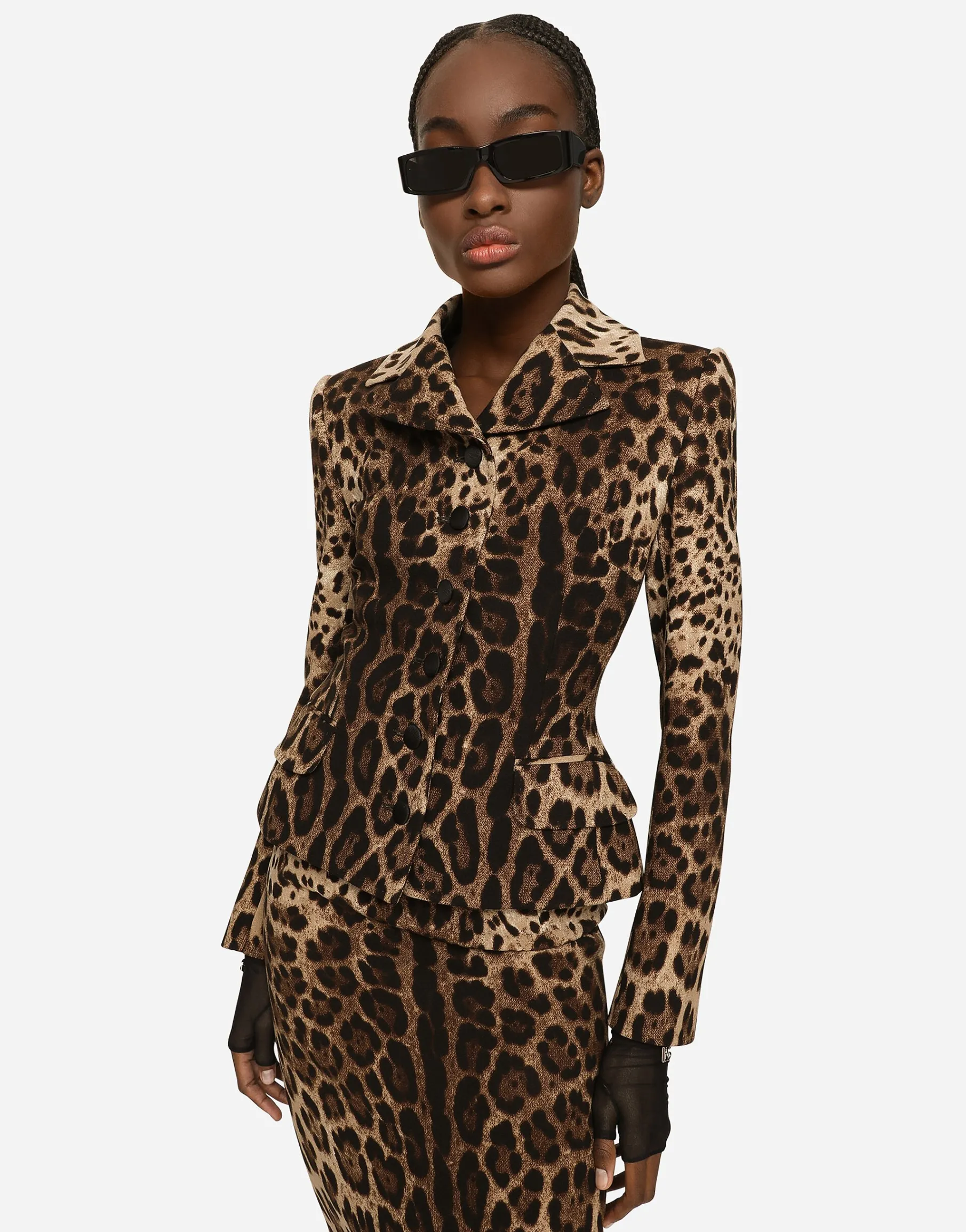 Leopard-print double crepe calf-length skirt