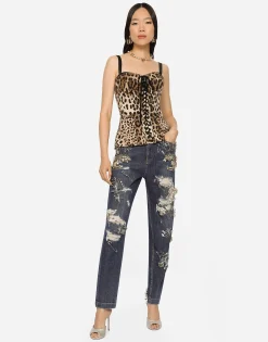Leopard-print drill shaper corset with laces