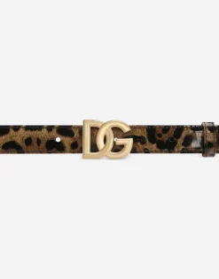 Leopard-print glossy calfskin belt with DG logo