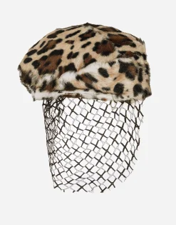 Leopard-print goatskin flat cap with veil