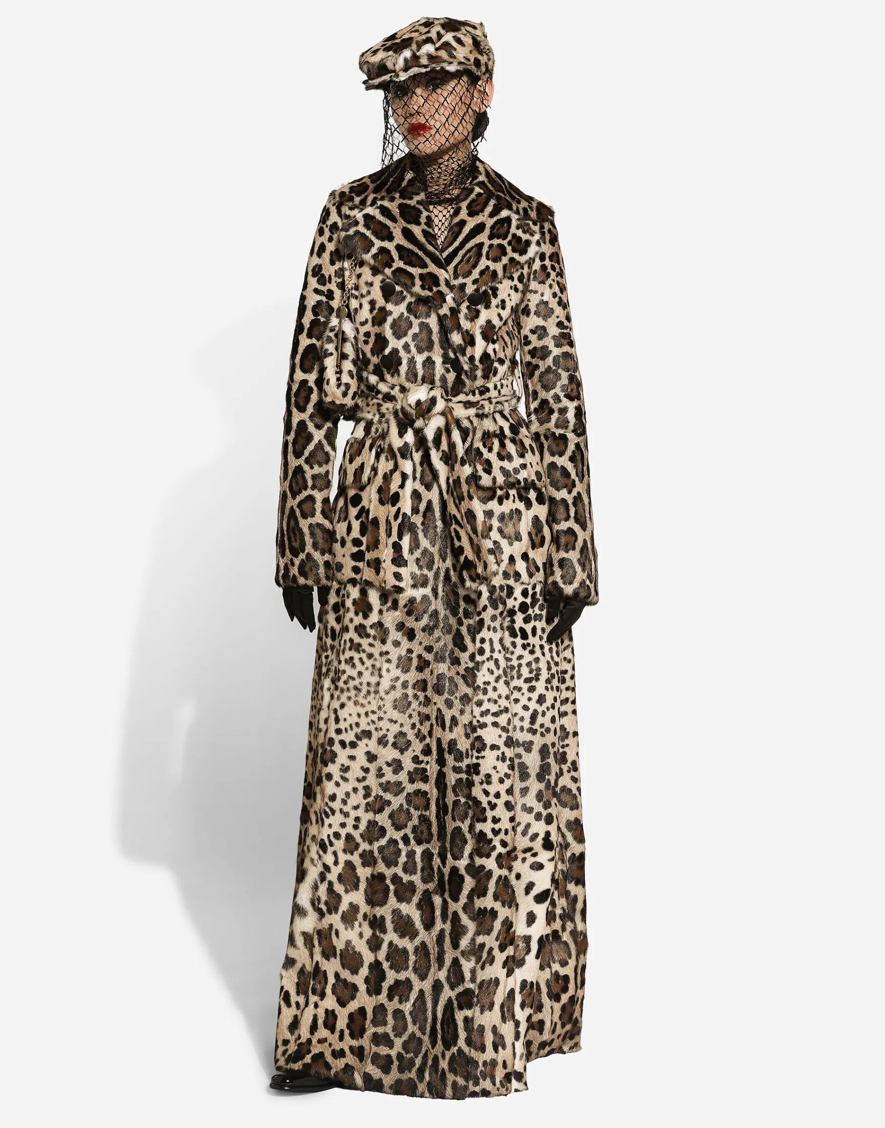 Leopard-print goatskin flat cap with veil