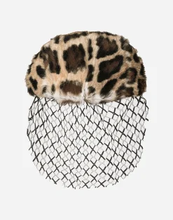 Leopard-print goatskin flat cap with veil