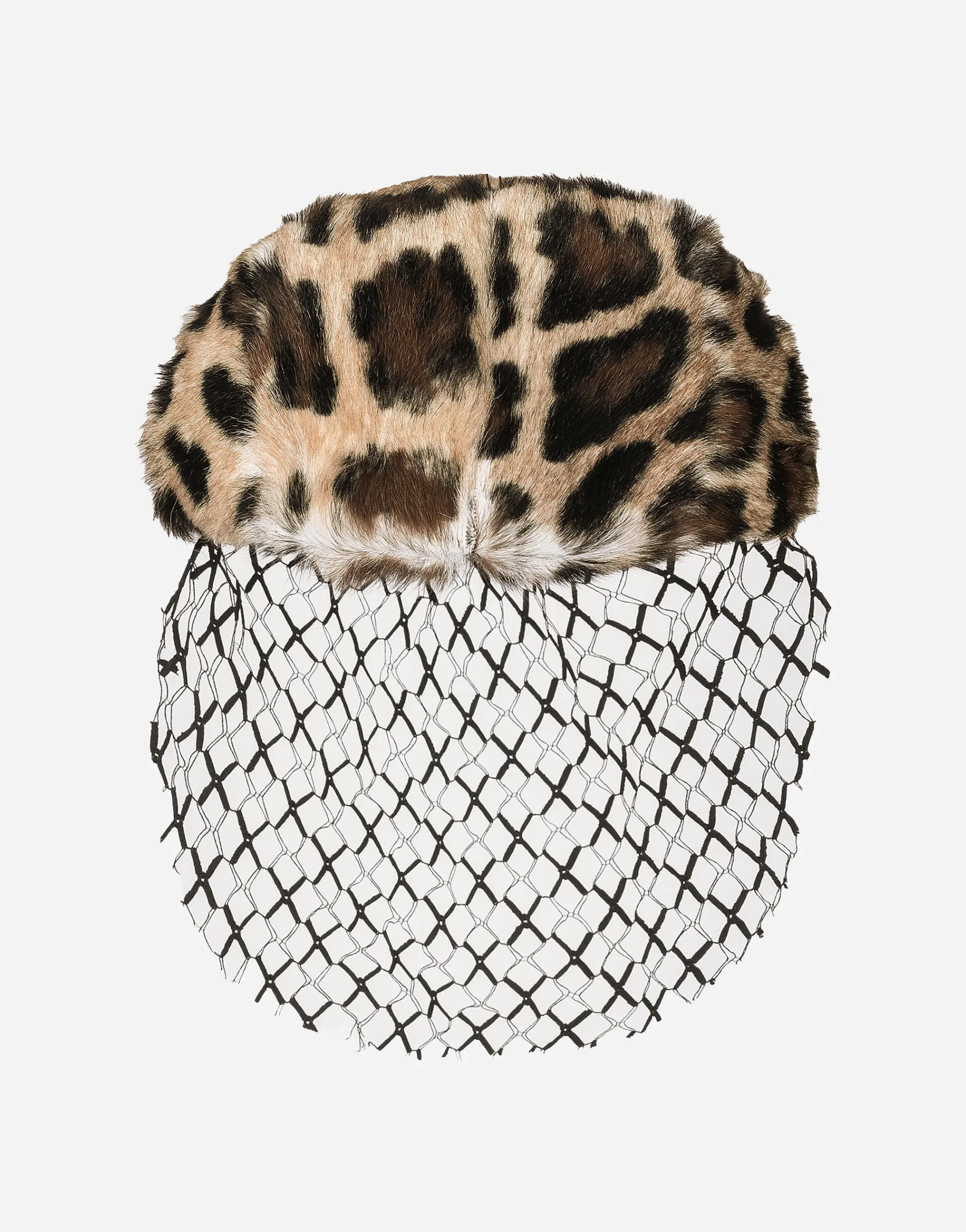 Leopard-print goatskin flat cap with veil