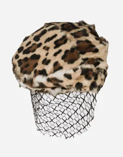 Leopard-print goatskin flat cap with veil