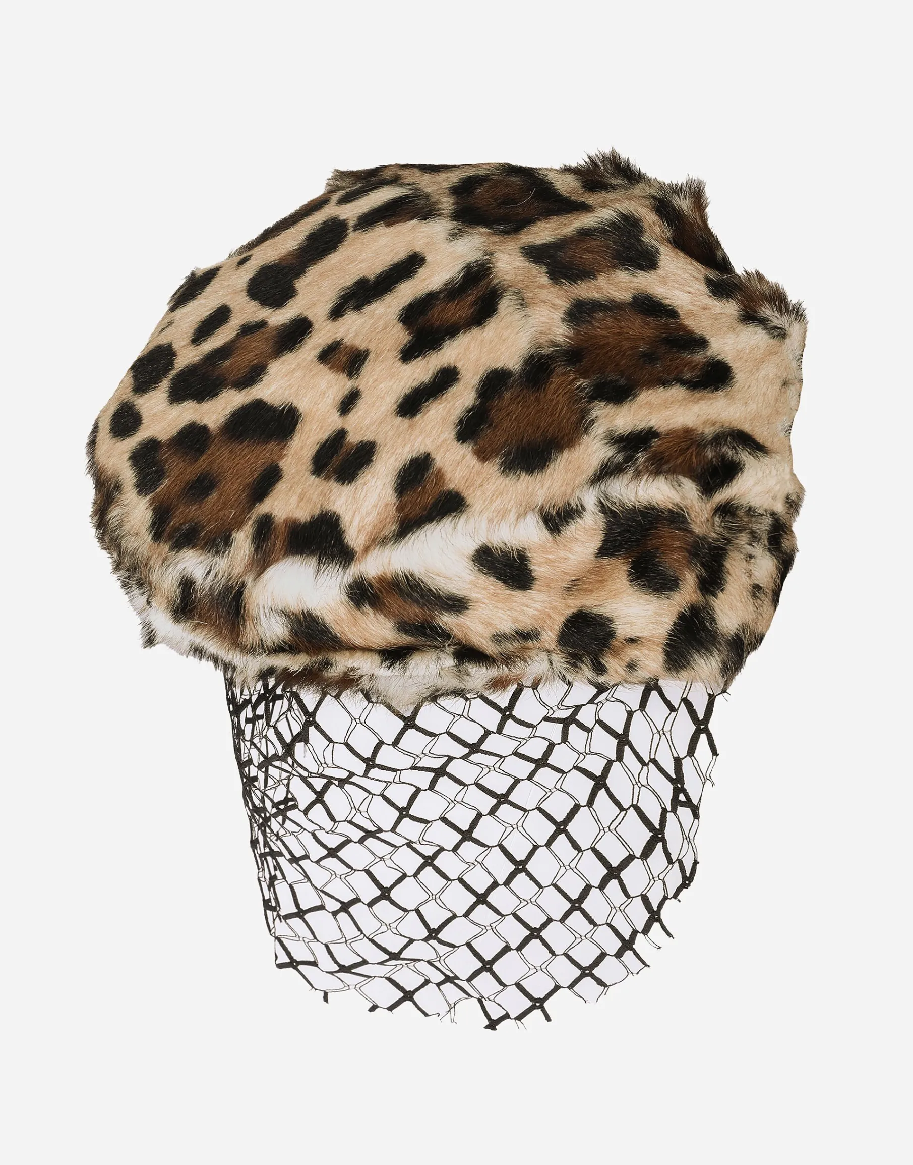 Leopard-print goatskin flat cap with veil