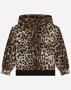Leopard-print jersey hoodie with branded elastic