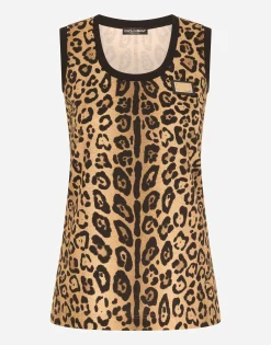 Leopard-print jersey tank top