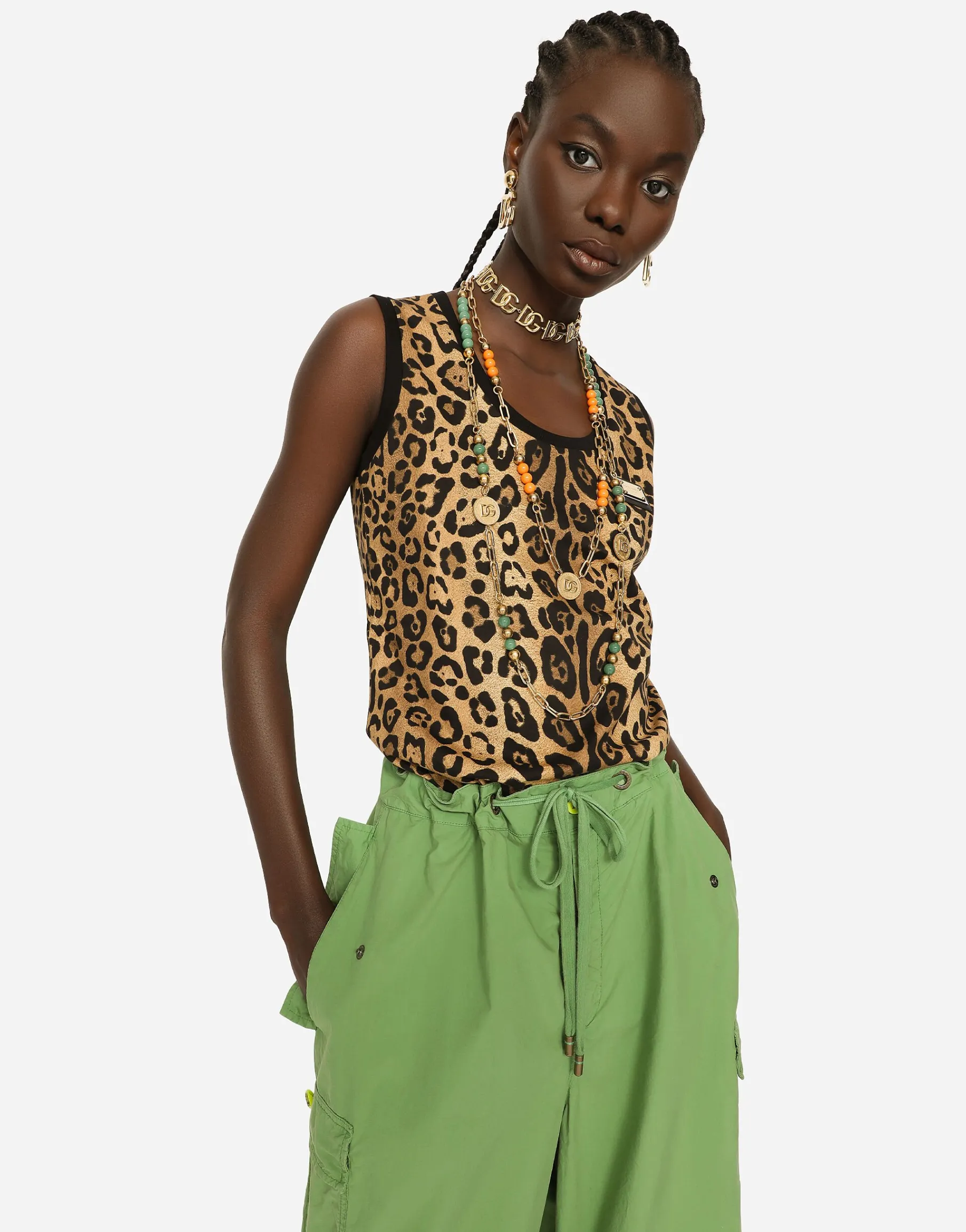 Leopard-print jersey tank top