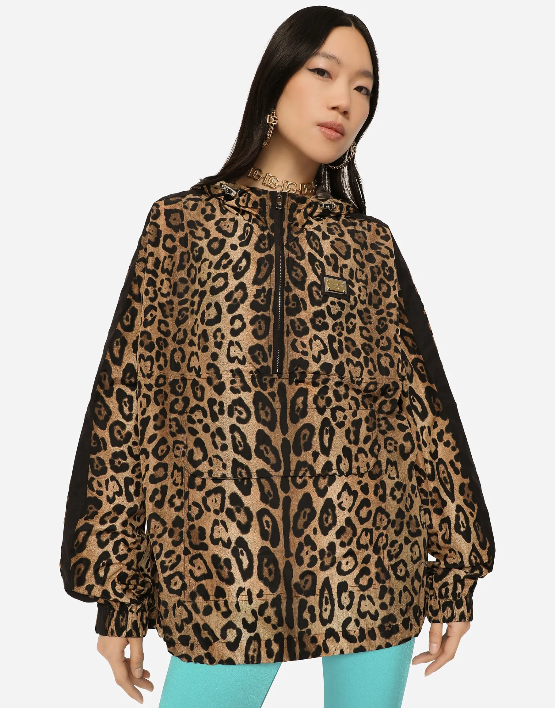 Leopard-print nylon anorak