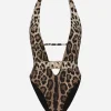 Leopard-print one-piece swimsuit with belt