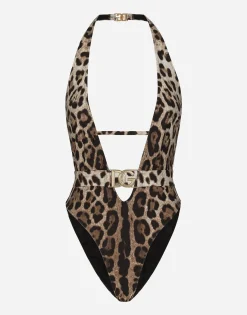Leopard-print one-piece swimsuit with belt