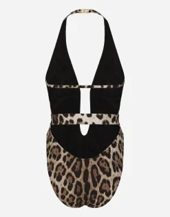Leopard-print one-piece swimsuit with belt