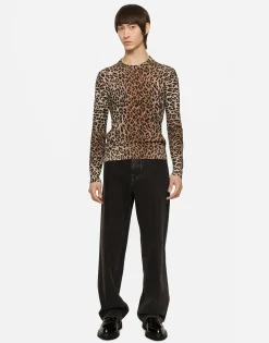 Leopard-print round-neck wool sweater