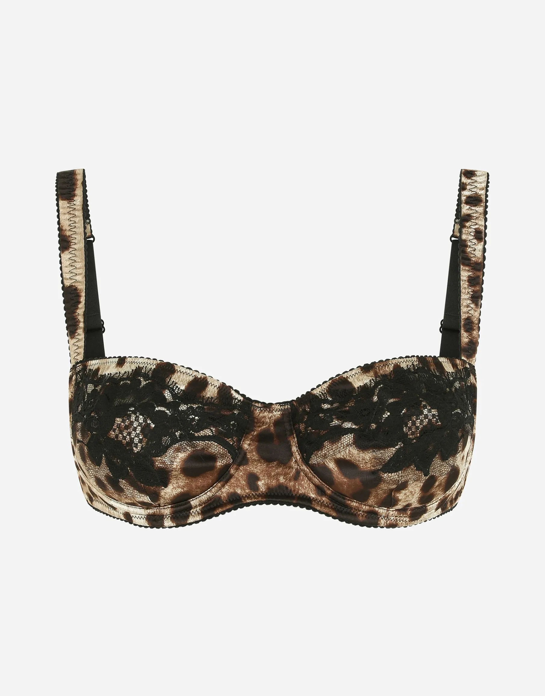 Leopard-print satin balconette bra with lace detailing