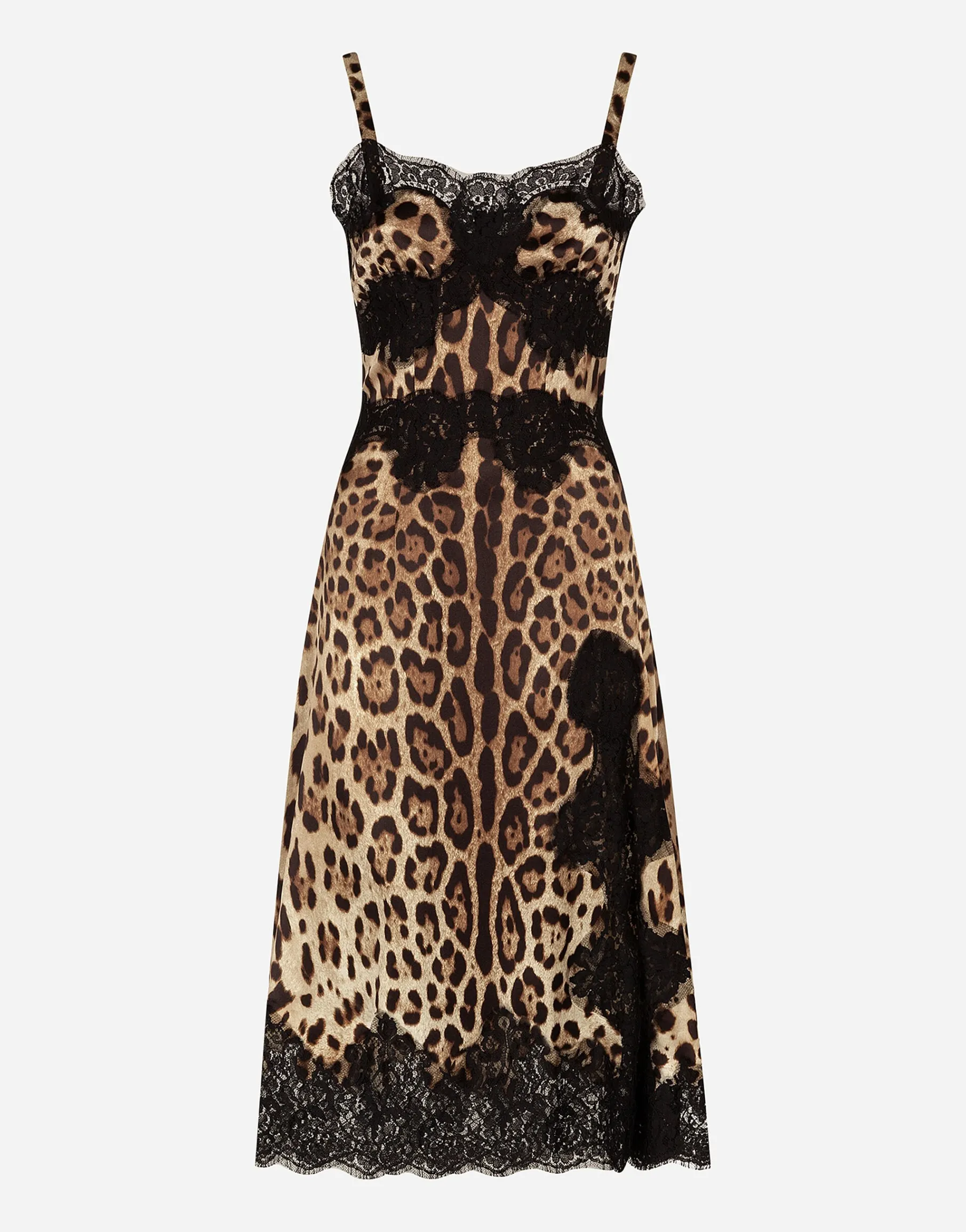 Leopard-print satin midi lingerie-style dress with lace trims