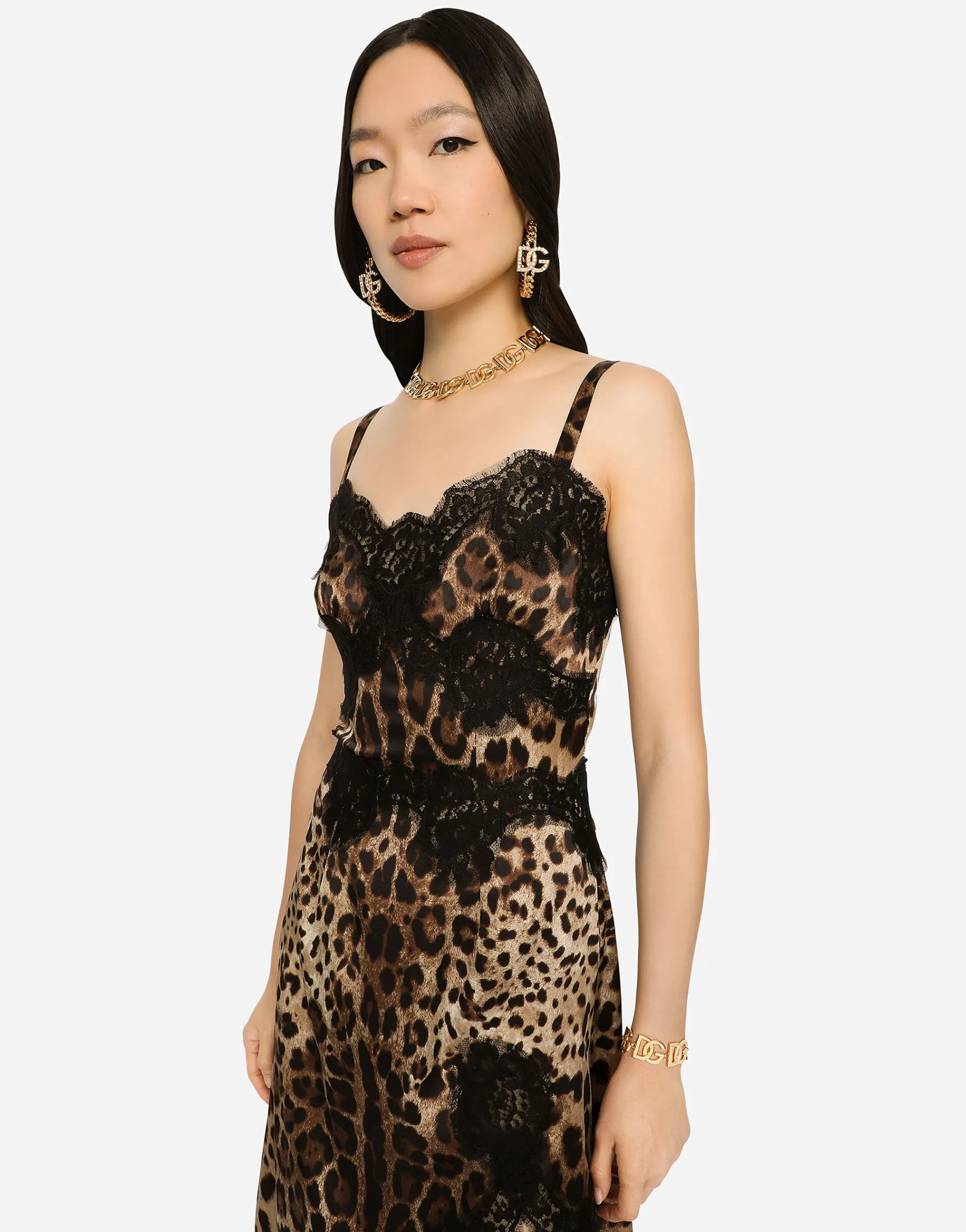 Leopard-print satin midi lingerie-style dress with lace trims