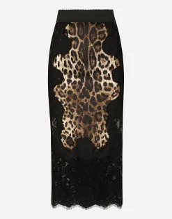 Leopard-print satin midi skirt with lace inserts