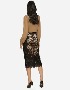 Leopard-print satin midi skirt with lace inserts