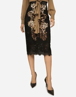 Leopard-print satin midi skirt with lace inserts