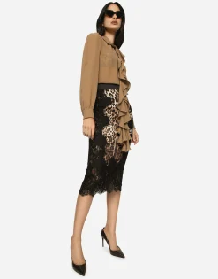 Leopard-print satin midi skirt with lace inserts