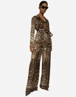 Leopard-print satin pajama shirt with belt
