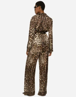 Leopard-print satin pajama pants