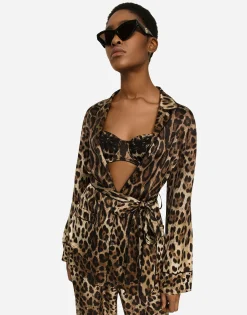 Leopard-print satin pajama shirt with belt