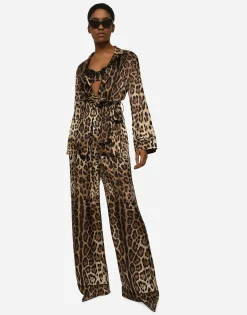Leopard-print satin pajama shirt with belt