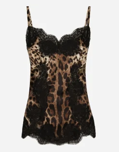 Leopard-print satin top with lace inlay