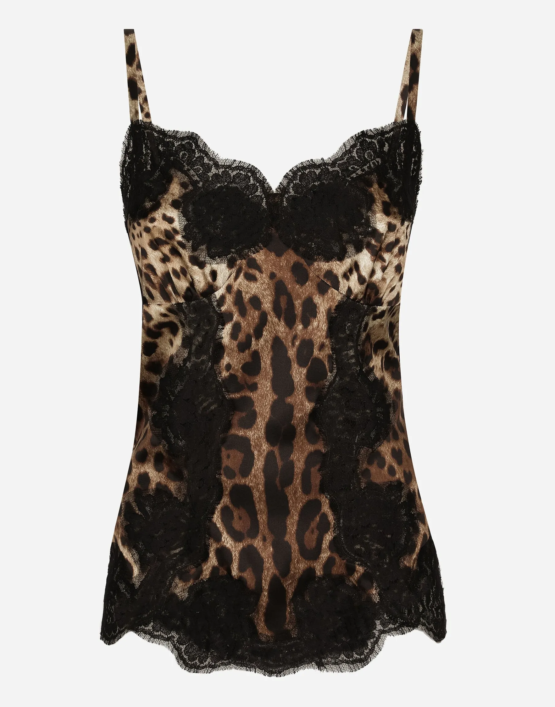 Leopard-print satin top with lace inlay