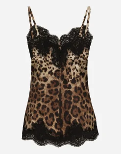 Leopard-print satin top with lace inlay