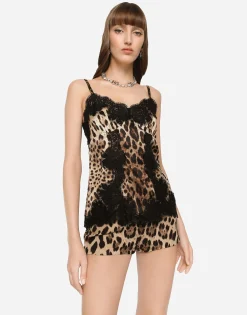 Leopard-print satin top with lace inlay