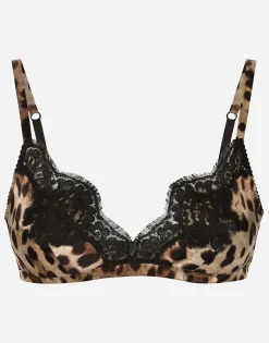 Leopard-print soft-cup satin bra with lace detailing