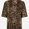 Leopard-print twill shirt with piping