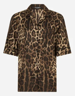 Leopard-print twill shirt with piping